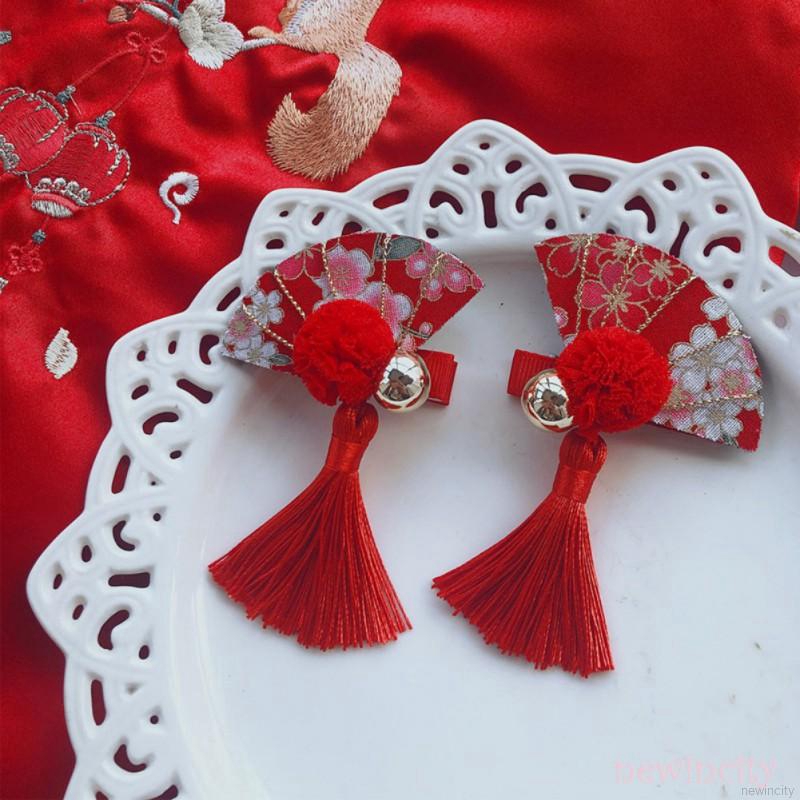 Kẹp tóc đính nơ hình bông hoa phong cách Trung Hoa xinh xắn cho bé gái