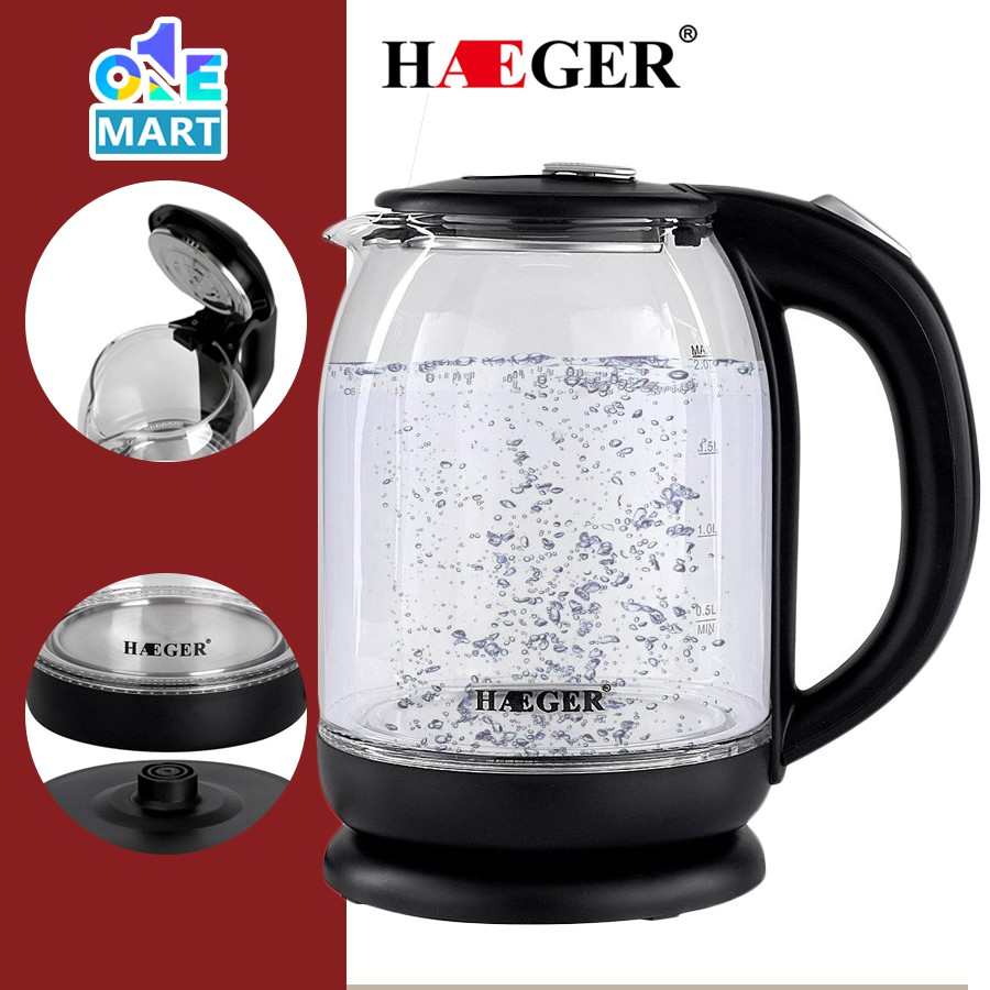 Ấm siêu tốc thủy tinh HAEGER HG-7839 dung tích 2L công suất đun lên đến 2000W đun sôi chỉ từ 4 phút