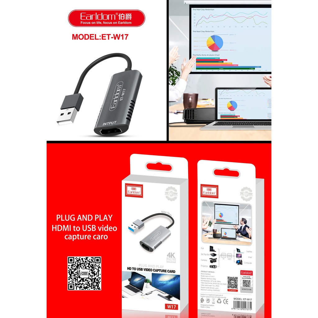 Cáp HDMI to USB 3.0 Video Capture Earldom ET-W17 + W16 - Hỗ Trợ Live Stream, Ghi Hình Từ Điện Thoại, Camera, PS4, XBOX