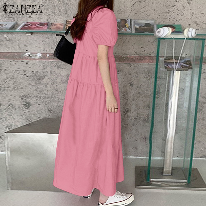 ZANZEA Women Leisure Loose Puff Sleeve Pleated Solid Color Party Maxi Dresses