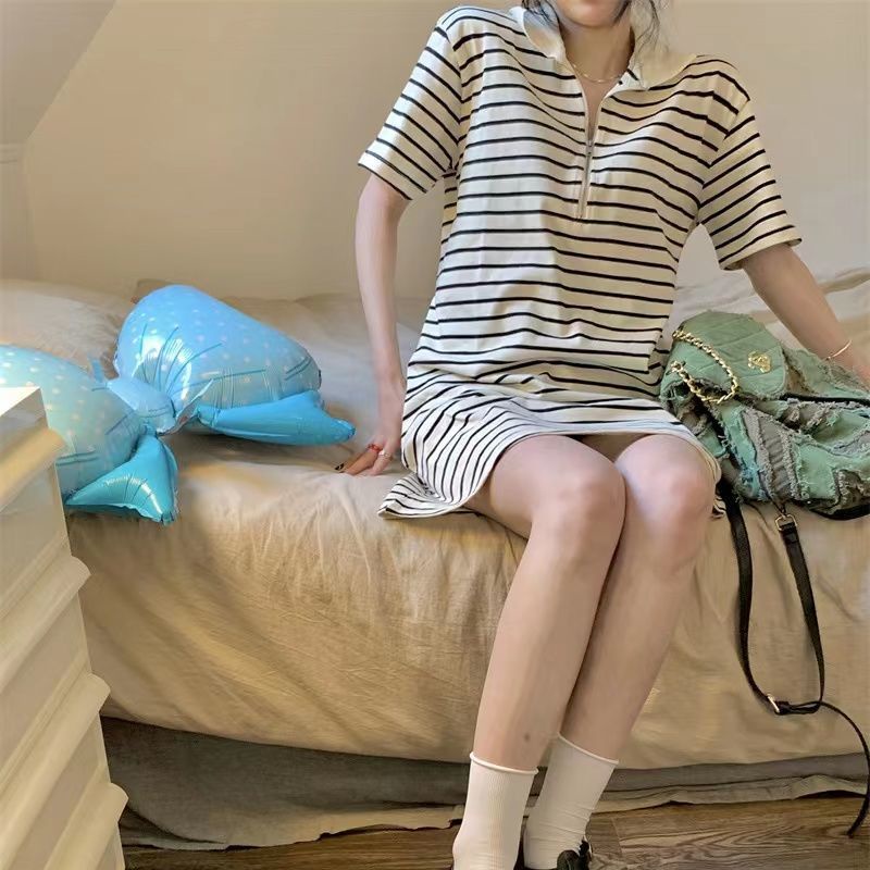 COZOK Đầm Ngắn Tay Dáng Rộng Cổ Bẻ Kẻ Sọc Xinh Xắn Thời Trang Cho Nữ
