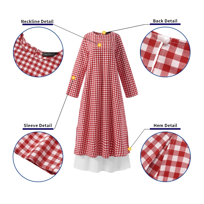 Set đồ Zanzea gồm áo caro dài tay cổ tròn + chân váy xòe cho phụ nữ hồi giáo