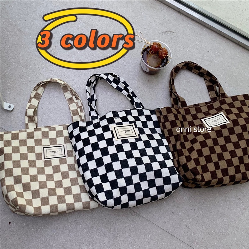 Onni Túi Tote Xách Tay Vải Nhung Kẻ Ô Bàn Cờ Anh Nhỏ Đựng Đồ Ăn Trưa Di Động Cho Mẹ Bỉm Sữa