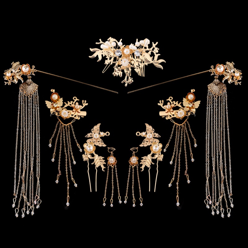 Bộ Phụ Kiện Cài Tóc Phối Tua Rua Phong Cách Trung Hoa Cổ Điển Cho Cô Dâu