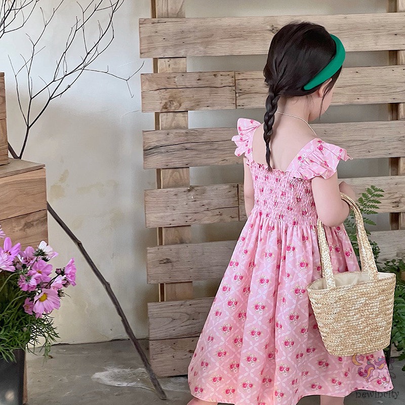 Đầm Công Chúa Tay Cánh Tiên In Hoa Đáng Yêu Thời Trang Mùa Hè Hàn Quốc Dành Cho Bé Gái