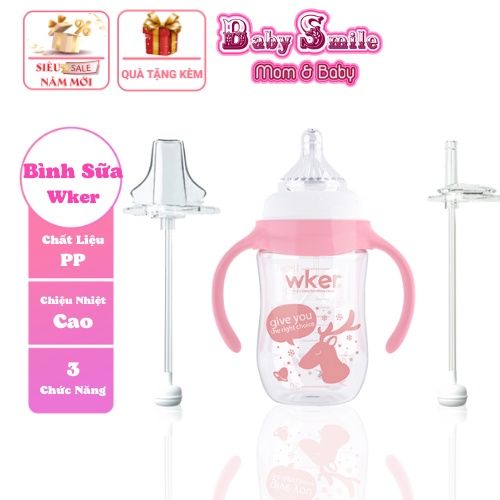 Bình Sữa Nhiều Chức Năng Hút Cho Bé.Bình Sữa WKER Nhựa PP Cao Cấp.Bình Sữa 3 Cơ Chế Hút Cho Bé