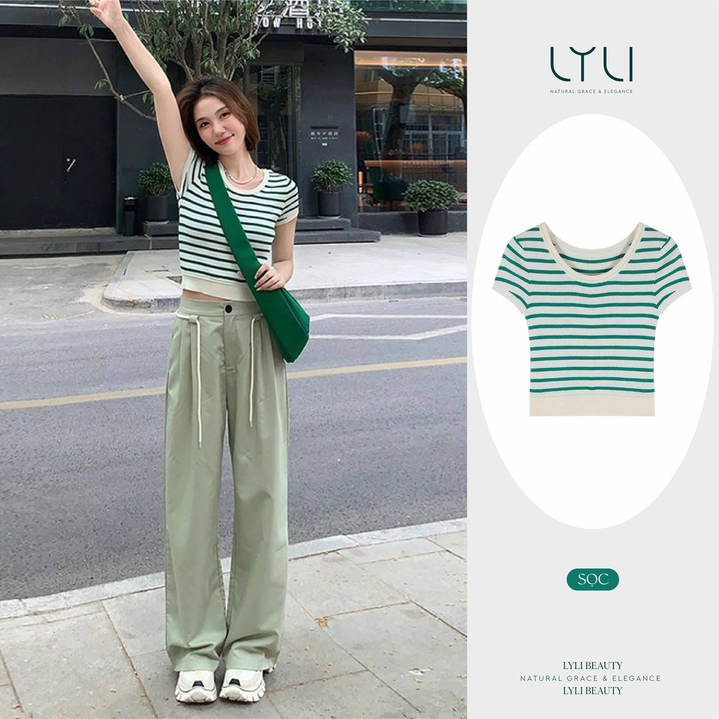 Set đồ Áo Croptop cổ thấp kèm quần kaki ống rộng Lylibeauty kiểu áo ôm body kẻ sọc ngang kết hợp với quần xanh bơ frộng