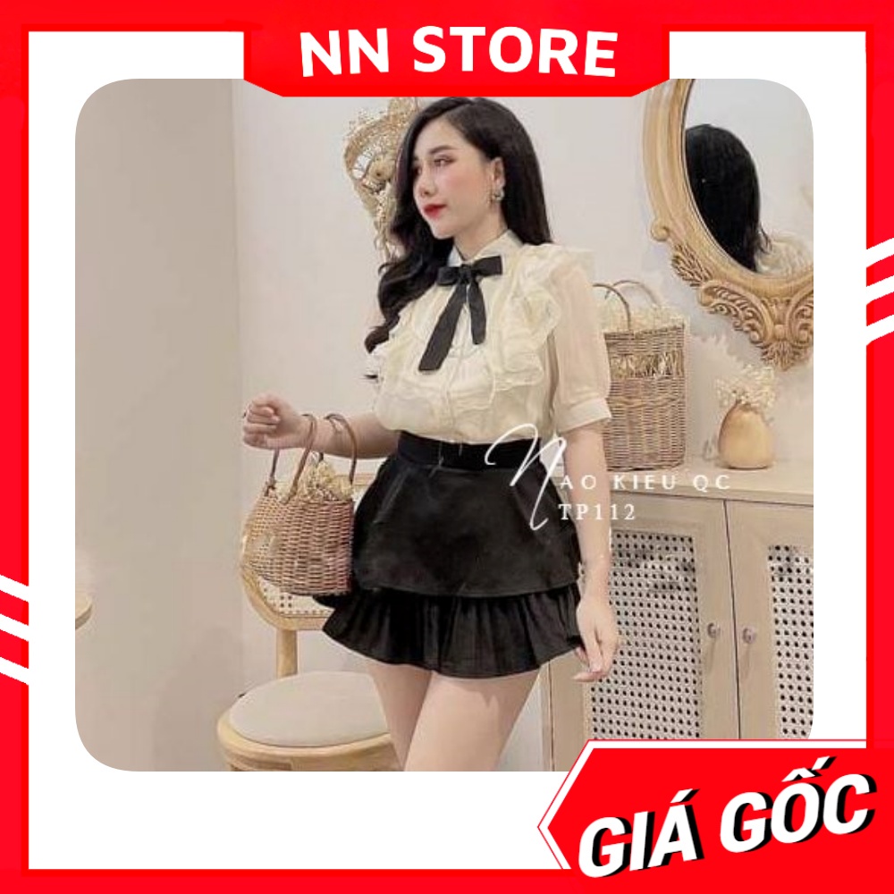 Áo kiểu công sở nữ phối nơ dún bèo tay phồng chất vải mềm mịn dễ thương TP112