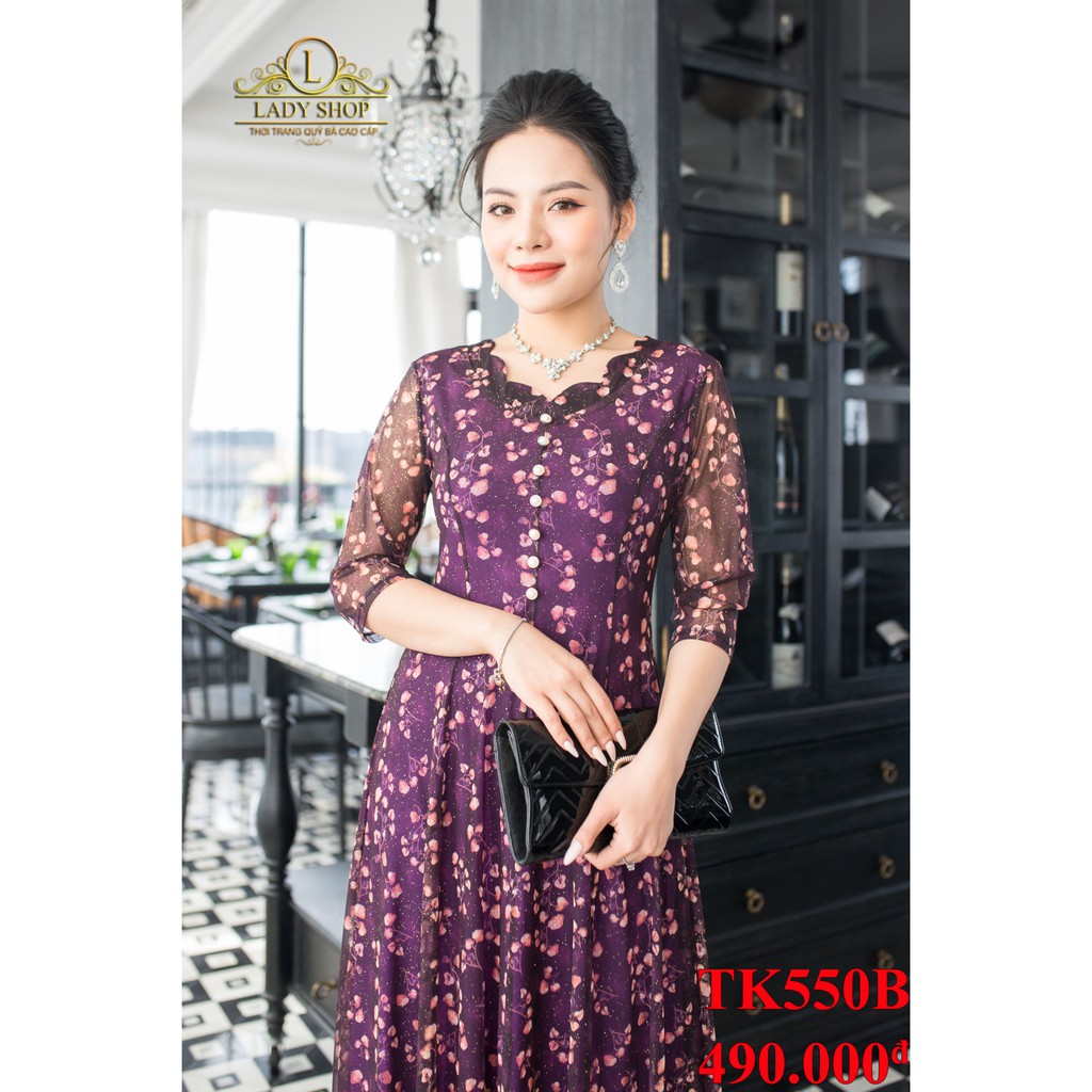 Thời trang trung niên -  Đầm quý bà cao cấp - Ladyshop - Đầm thun lưới cành lá rơi cổ hoa TK550