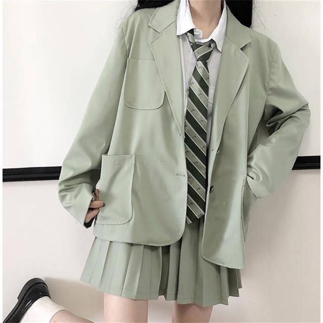 Set váy đồng phục học sinh Hàn Quốc màu xanh matcha: áo khoác vest cổ danton + cravat + chân váy xòe xếp ly