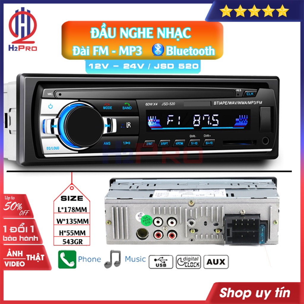 Đầu Nghe Nhạc Ô Tô, Đầu Mp3 Xe Tải Cao Cấp H2Pro Jsd-520 Bluetooth-Đài Fm, Điện 12V-24V Cho Ô Tô-Xe Tải - H2Pro Tech