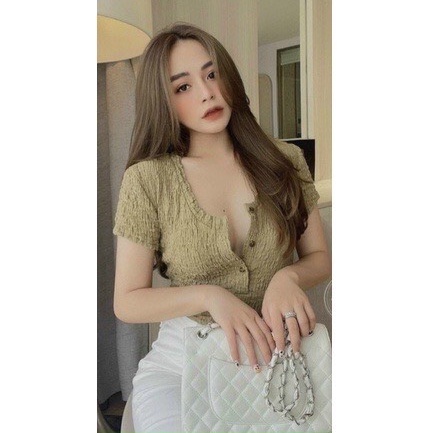 Áo Body Xốp Sần Cổ Chữ V PEONYB Nữ  Croptop thun kiểu cộc tay dáng ôm phối cúc hotgirl bánh bèo tiểu thư đẹp