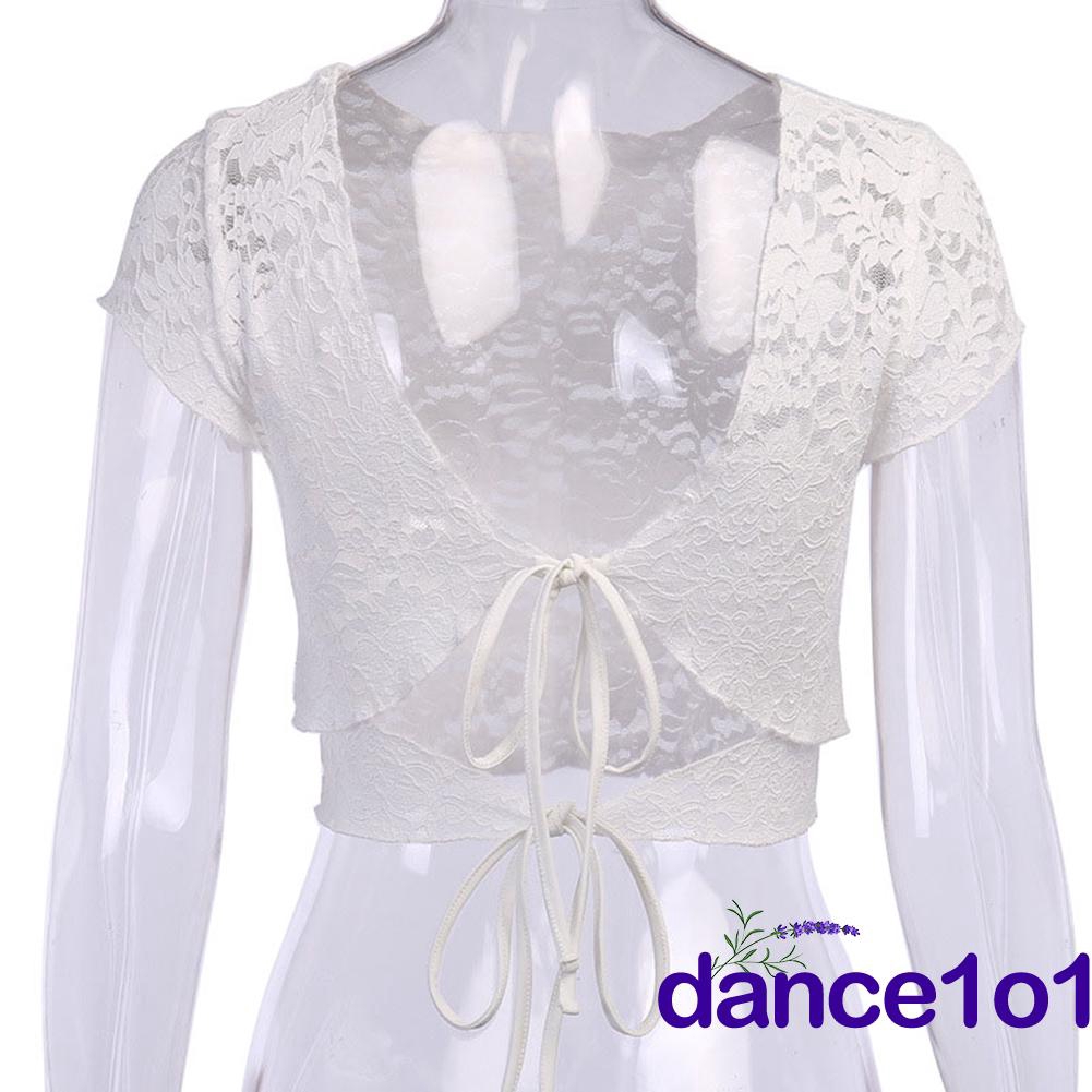 Áo croptop tay ngắn phối ren hoa xinh xắn gợi cảm dành cho nữ