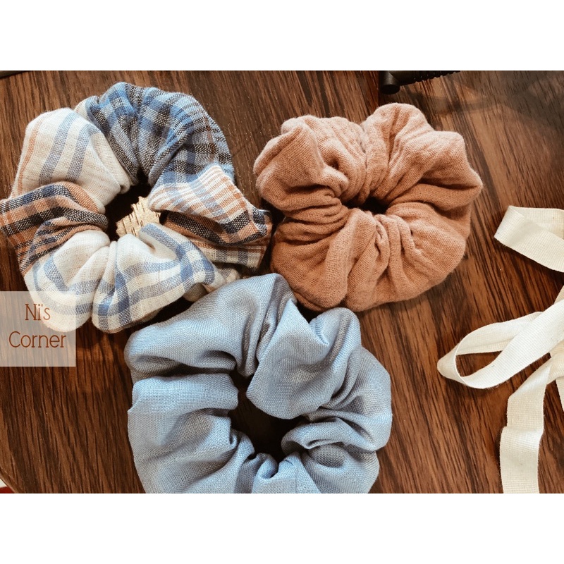 Scrunchie cột tóc vải Cotton Mềm Hoạ tiết Caro Vintage