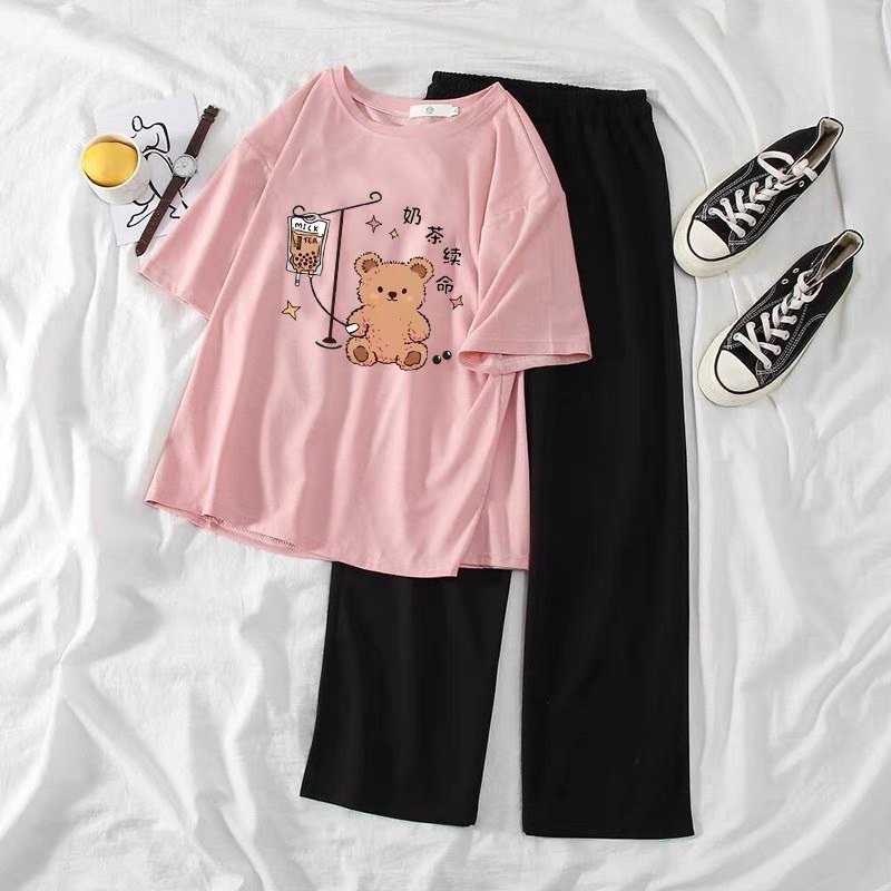 Set bộ gấu truyền trà sữa , set áo thun mix quần xuông