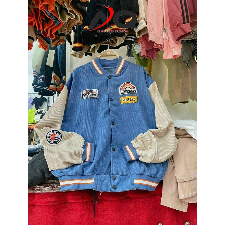 Áo bomber varsity jacket Unisex Form rộng nhung tăm Hình thêu 100% Áo khoác nam nữ Gonz Bóng chày- AQ STORE