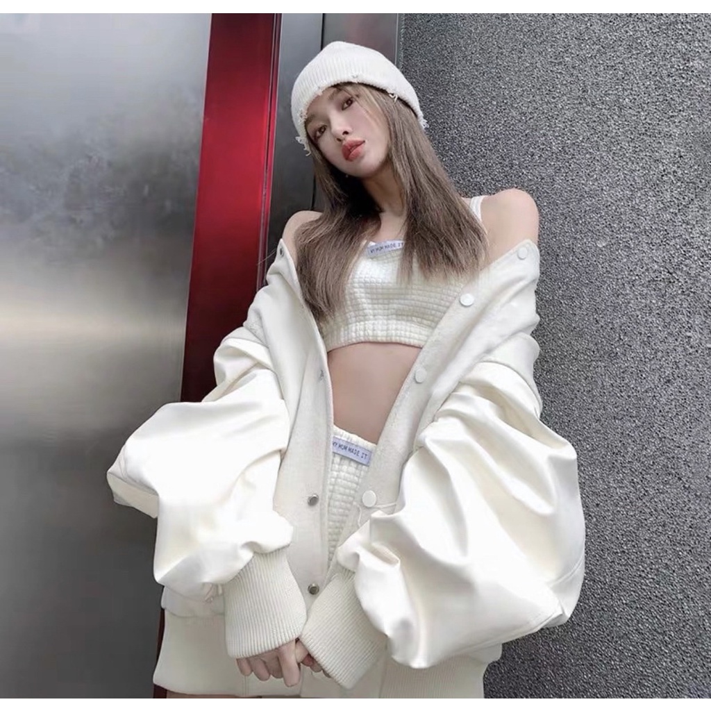 Áo Khoác Dạ Pha Da PEONYB Nữ [FREESHIP]  Jacket bomber form rộng tay bồng, khoát đẹp họa tiết trắng cá tính Ulzzang