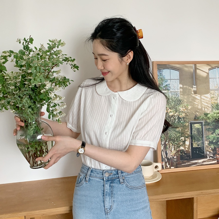 SUXI Áo Sơ Mi Tay Ngắn Dáng Rộng Cổ Búp Bê Màu Sắc Ngọt Ngào Thời Trang Mùa Hè Dành Cho Nữ