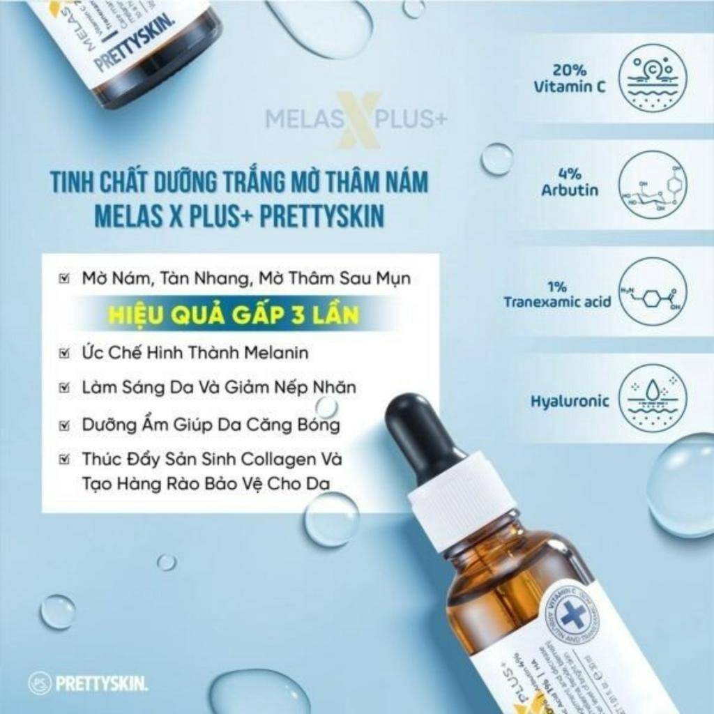 Serum dưỡng trắng da Prettyskin, tinh chất dưỡng trắng, mờ thâm nám Melas X Plus 30ml
