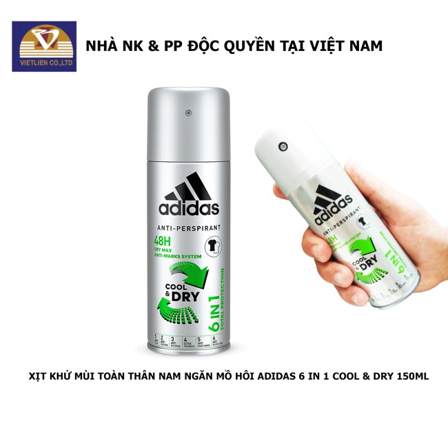 Xịt Khử Mùi Toàn Thân Nam Ngăn Mồ Hôi Adidas 6 in 1 Cool & Dry 150ml