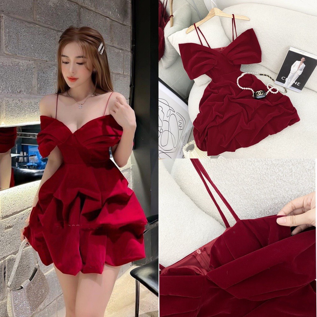 Đầm nữ dự tiệc trễ vai 2 dây xòe tùng váy bẹt vai xếp li phong cách sang trọng quyến rũ