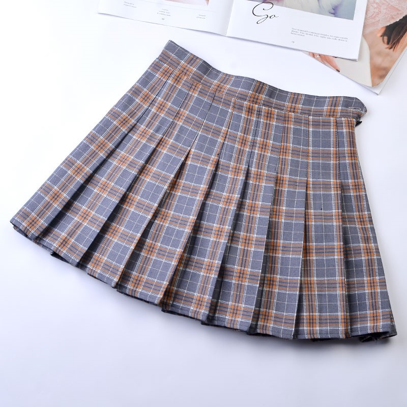Chân váy xếp ly MIA, Chân váy tennis dáng ngắn xòe chữ A lưng cao, màu caro xám nâu, có bigsize