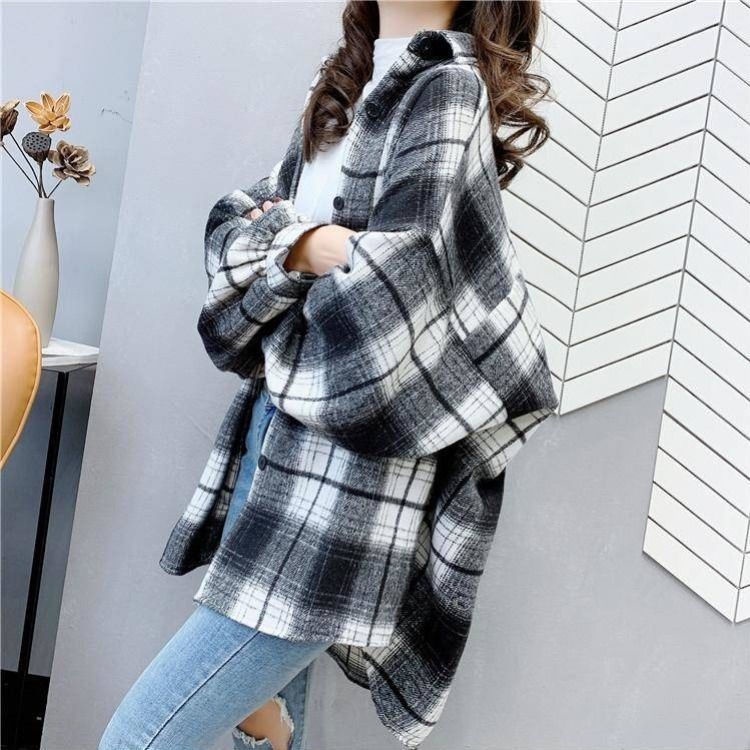 Áo Khoác Sơ Mi Caro Tay Dài Thời Trang Hàn Quốc Cho Nữ