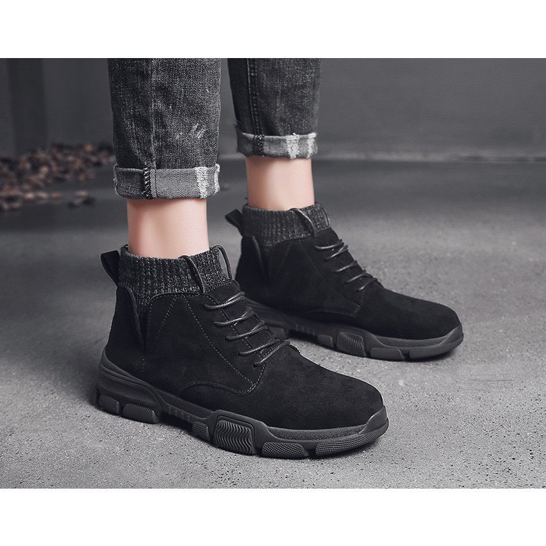 Giày bốt cao cổ nam - giày thể thao da lộn cổ bo đen mới về | BigBuy360 - bigbuy360.vn