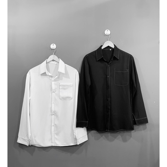 Áo Sơ Mi Chỉ Nổi Form Rộng 75Kg Unisex, Áo Sơ Mi Over Size 2 Màu Đen Trắng - Win Clothing