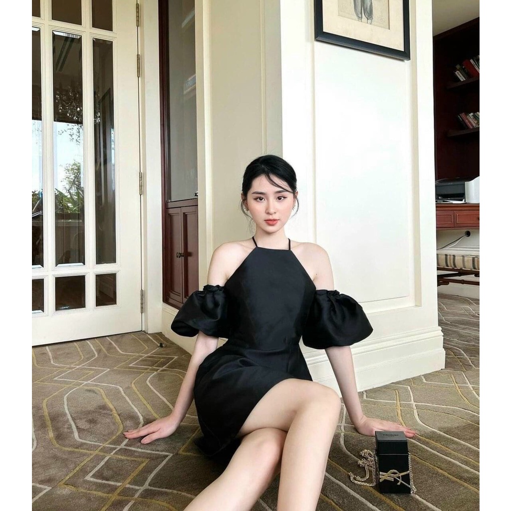 [9.9 Sales Freeship] Đầm tiêu thư rớt vai tay phồng, đầm umi cổ yếm hở vai dáng ngắn xòe có mút đi tiệc sang trọng