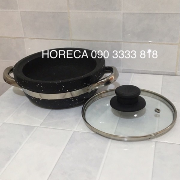 Nồi đá vân đen [dày 2cm] giữ nóng - có nắp đậy thuỷ tinh - có tay cầm inox