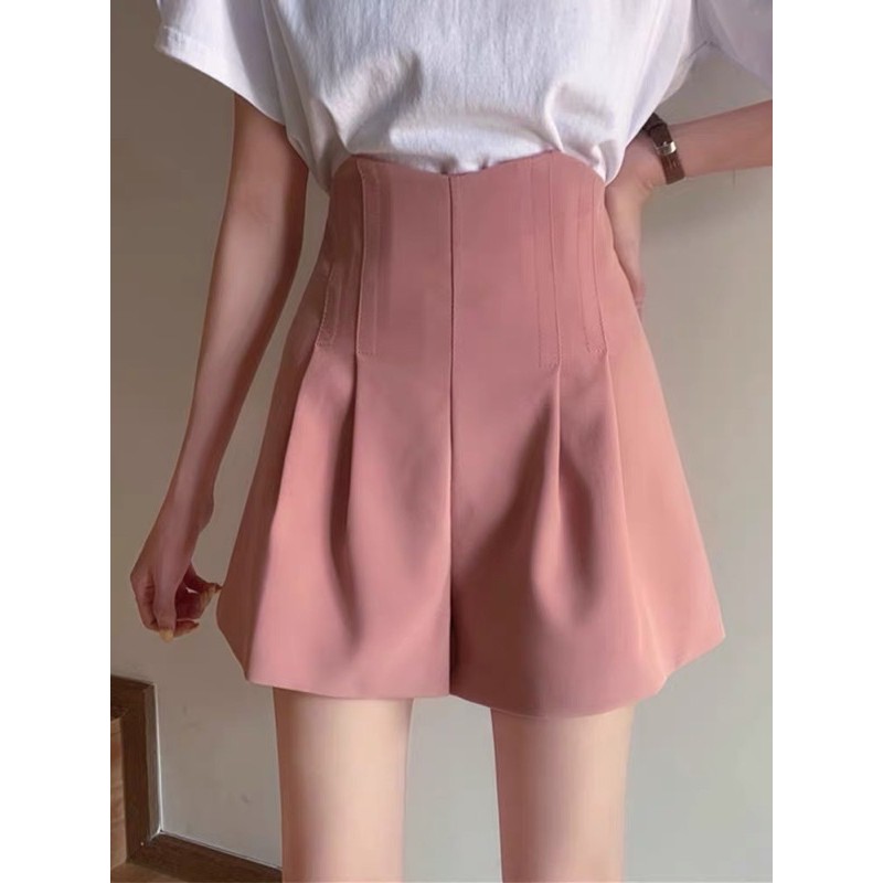 Quần short nữ cạp cao 2 ly cách điệu viền cong, quần đùi nữ ống rộng cạp cao