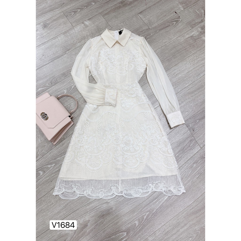 Đầm nữ váy trắng 💗 Đẹp DVC 💗 Váy ren kem tay dài cổ đức V1684 | BigBuy360 - bigbuy360.vn