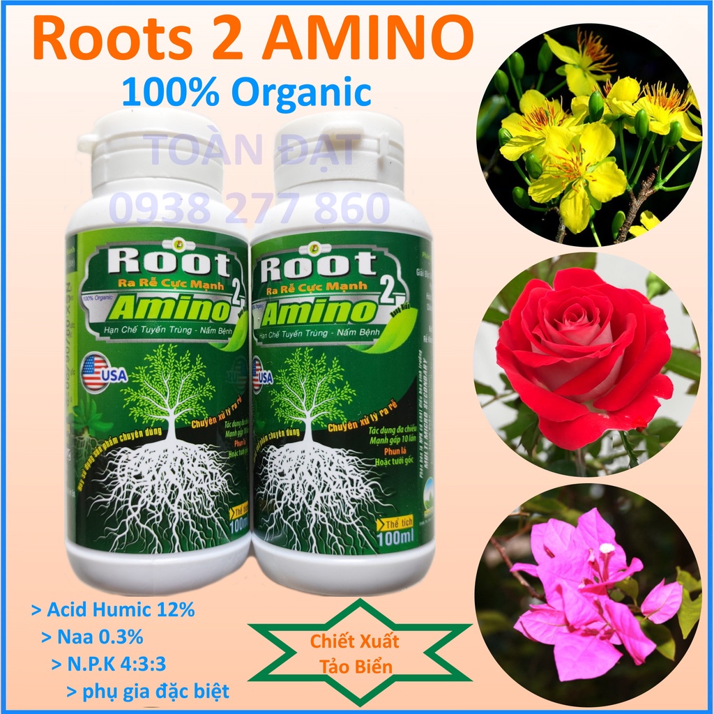 Kích rễ Roots 2 AMINO 100% Organic + Rong Biển (100ml), với Humic cao giúp dưỡng rễ khỏe và phát triển tốt