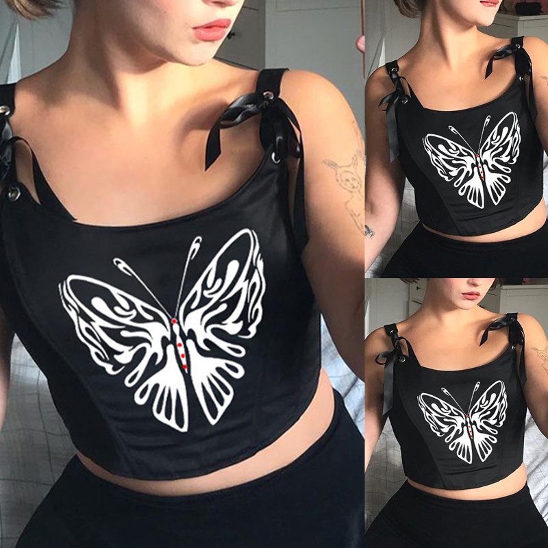 Áo Croptop Hai Dây Cổ Chữ U Hở Lưng In Họa Tiết Bướm Phong Cách Harajuku Quyến Rũ Cho Nữ