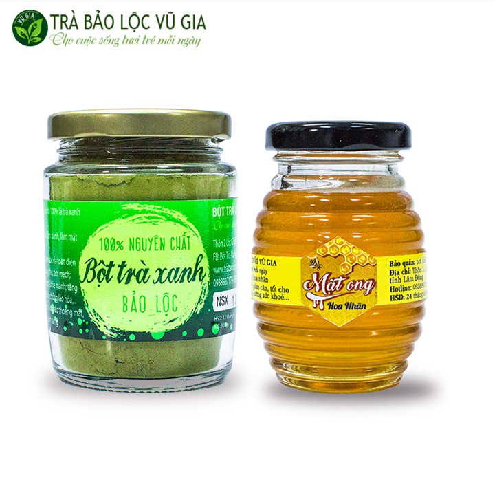 Bột Trà Xanh Nguyên Chất 100g + Mật Ong Hoa Nhãn Nguyên Chất 100ml - Vũ Gia