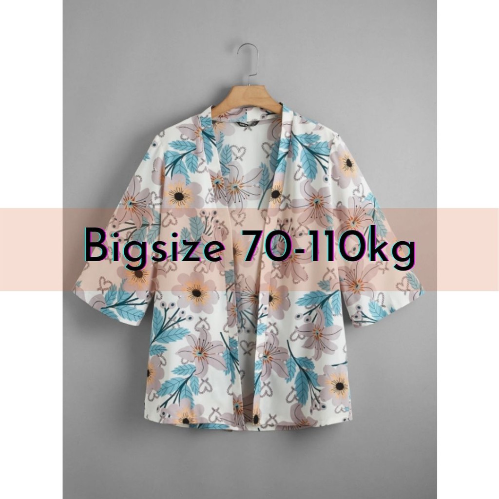 ÁO KIMONO ĐI BIỂN HOA XÁM XANH TAY NGẮN 70-110KG - AK129