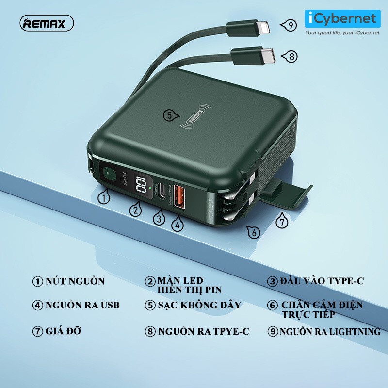 Pin sạc dự phòng 10000mah đa năng Remax RPP-145 10000mAh QC3.0, TypeC PD18W, Wireless Charge - Chính Hãng