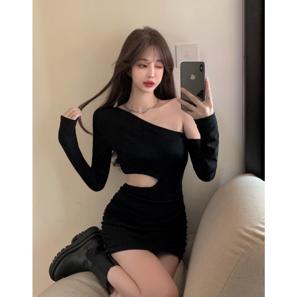 DUNEA Đầm Dài Tay Lệch Vai Màu Sắc Trơn Thời Trang Dành Cho Nữ