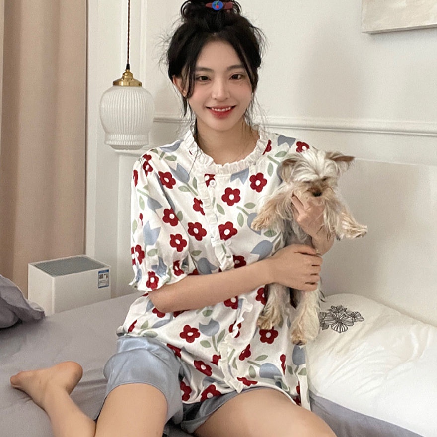 Bộ Đồ Ngủ Hai Mảnh Áo Tay Ngắn Dáng Rộng Vải Mỏng In Hoa Thời Trang Mùa Hè Cho Nữ