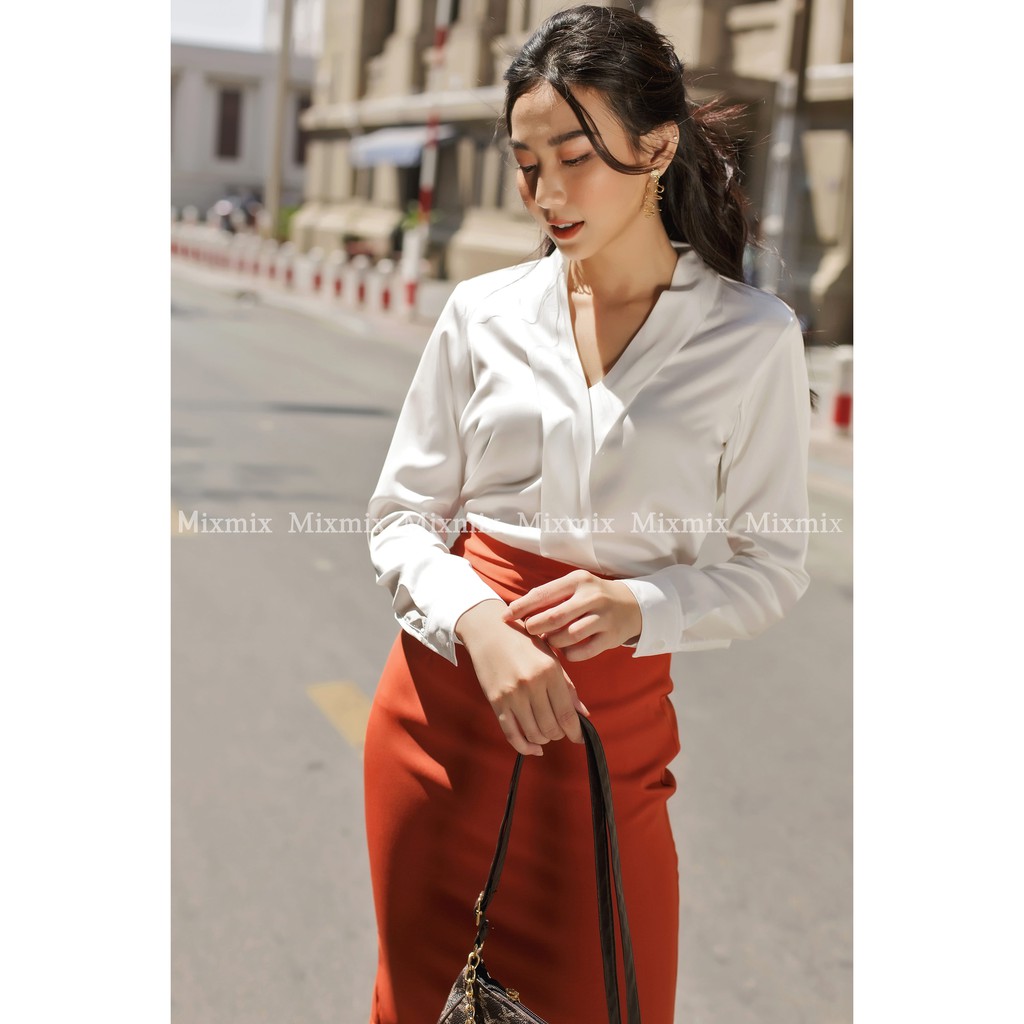 Sơ Mi Lụa nữ Cổ V Sophia Trơn Quý Phái Màu Trắng - MixMix- Hàng Thiết Kế - Hình Chụp Thật
