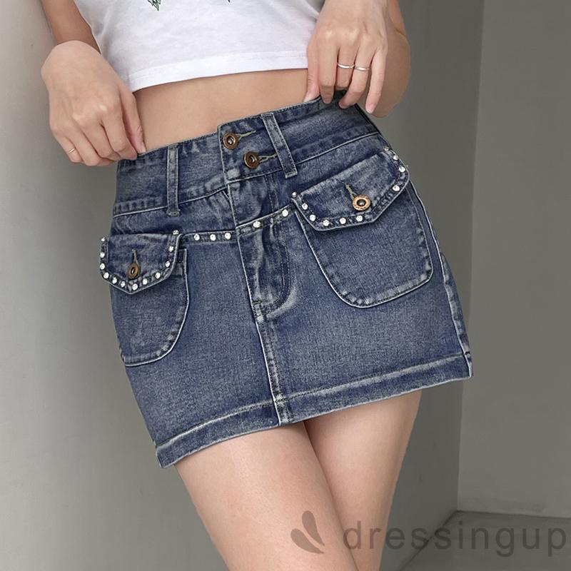 DRE-Women´s Mini Denim Skirts, Fashion Rhinestone High Waist Flap Pocket Short Jean Skirts