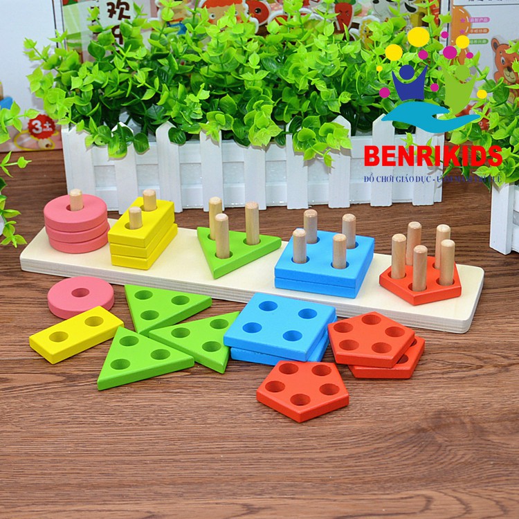 Đồ chơi xếp hình 💖FREESHIP💖 Giáo Cụ Montessori Thả Hình Khối Trên Thanh Bằng Gỗ Cho Bé