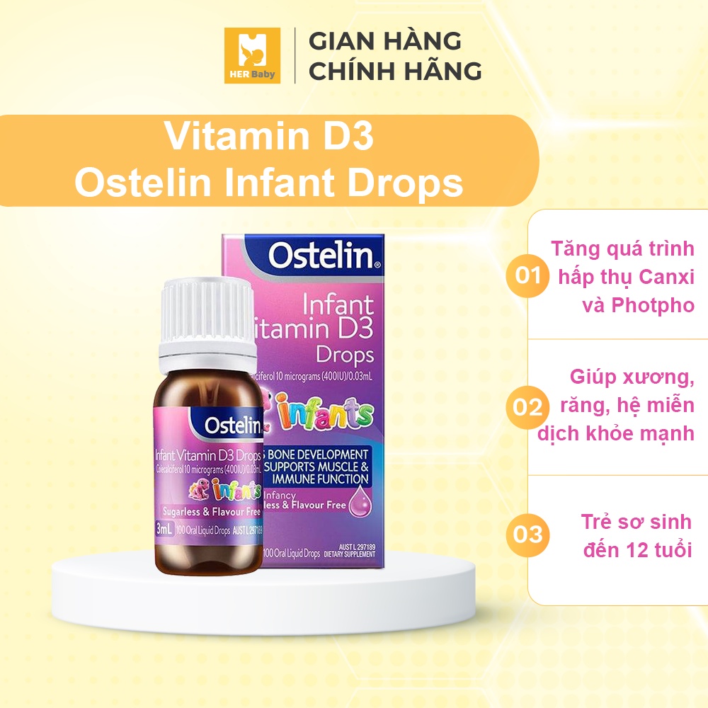 Vitamin D3 Ostelin Infant Drops/Liquid Kids Dạng Nhỏ Giọt và Dạng Nước 20ml giúp xương bé chắc khỏe - Herbaby