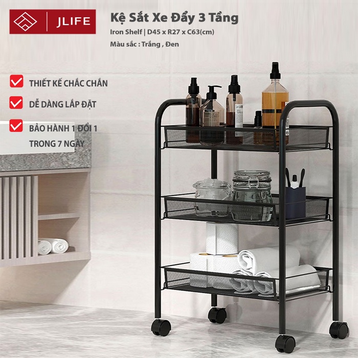 Kệ Sắt Đa Năng 3 Tầng Khay Lưới JLIFE Kệ Đựng Đồ Bằng Sắt Sơn Tĩnh Điệ Có Bánh Xe Tiện Lợi