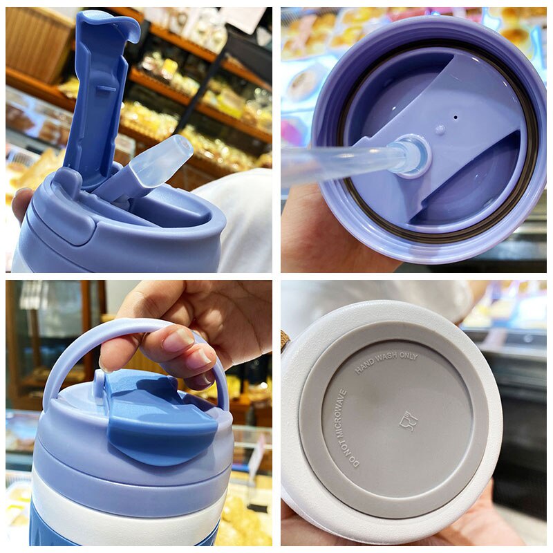 Bình Nước Giữ Nhiệt Bằng Thép Không Gỉ Có Ống Hút Hình Gấu Dễ Thương Cho Bé Gái