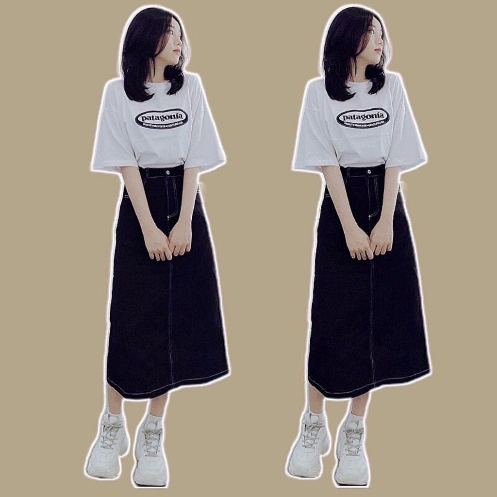 Chân váy midi viền chỉ nổi giả jeans Ulzzang cạp chun xẻ sau - chân váy nữ lưng cao dáng dài phong cách Hàn Quốc Okélla