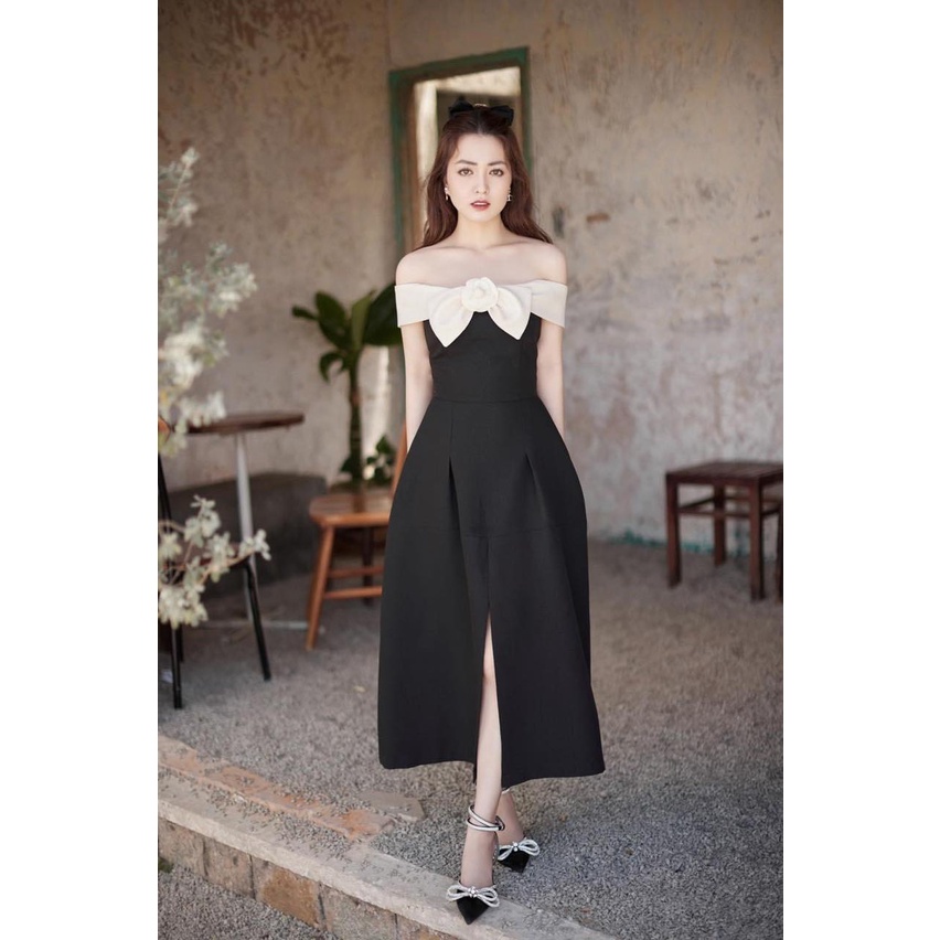 Đầm Xòe Trễ Vai Phối Nơ To Đi Tiệc Sang Trọng Màu Đen Form Dài