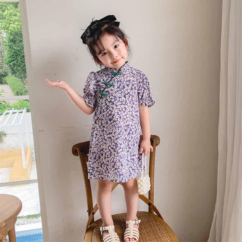 Sườn xám hoa nhí, màu sắc vintage, chất liệu voan mềm cho bé gái ShiniShop
