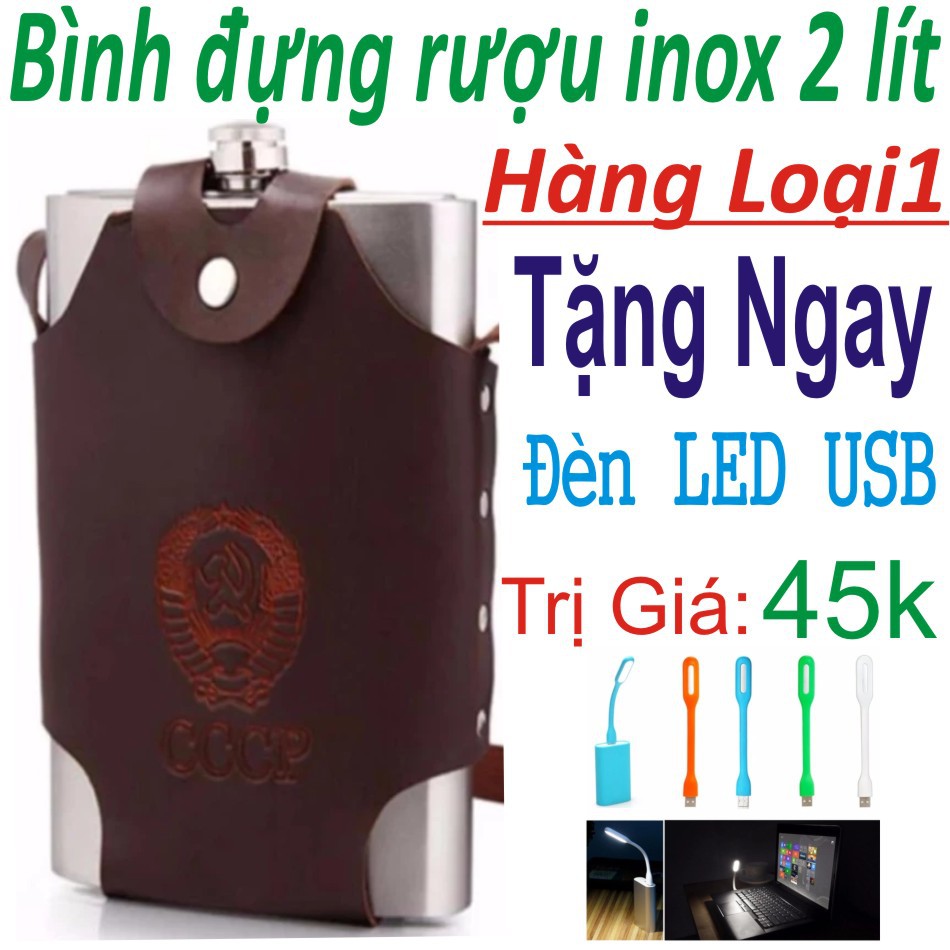 Bình đựng rượu inox CCCP Kèm Bao Da Loại 2 Lít - Hàng Chất Lượng Loại 1 + Tặng Đèn LED USB